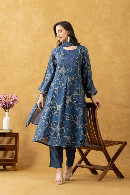 Indigo Floral Cotton A-Line Suit Set