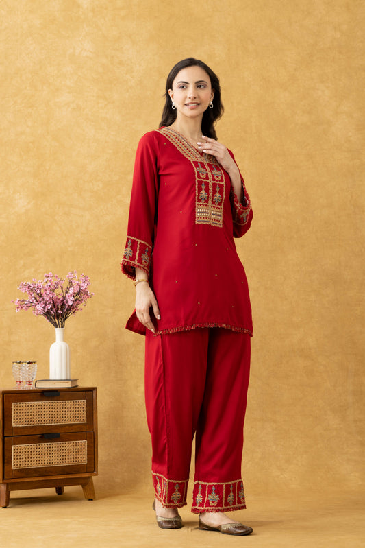 Red Embroidered Cotton Co-Ord Set