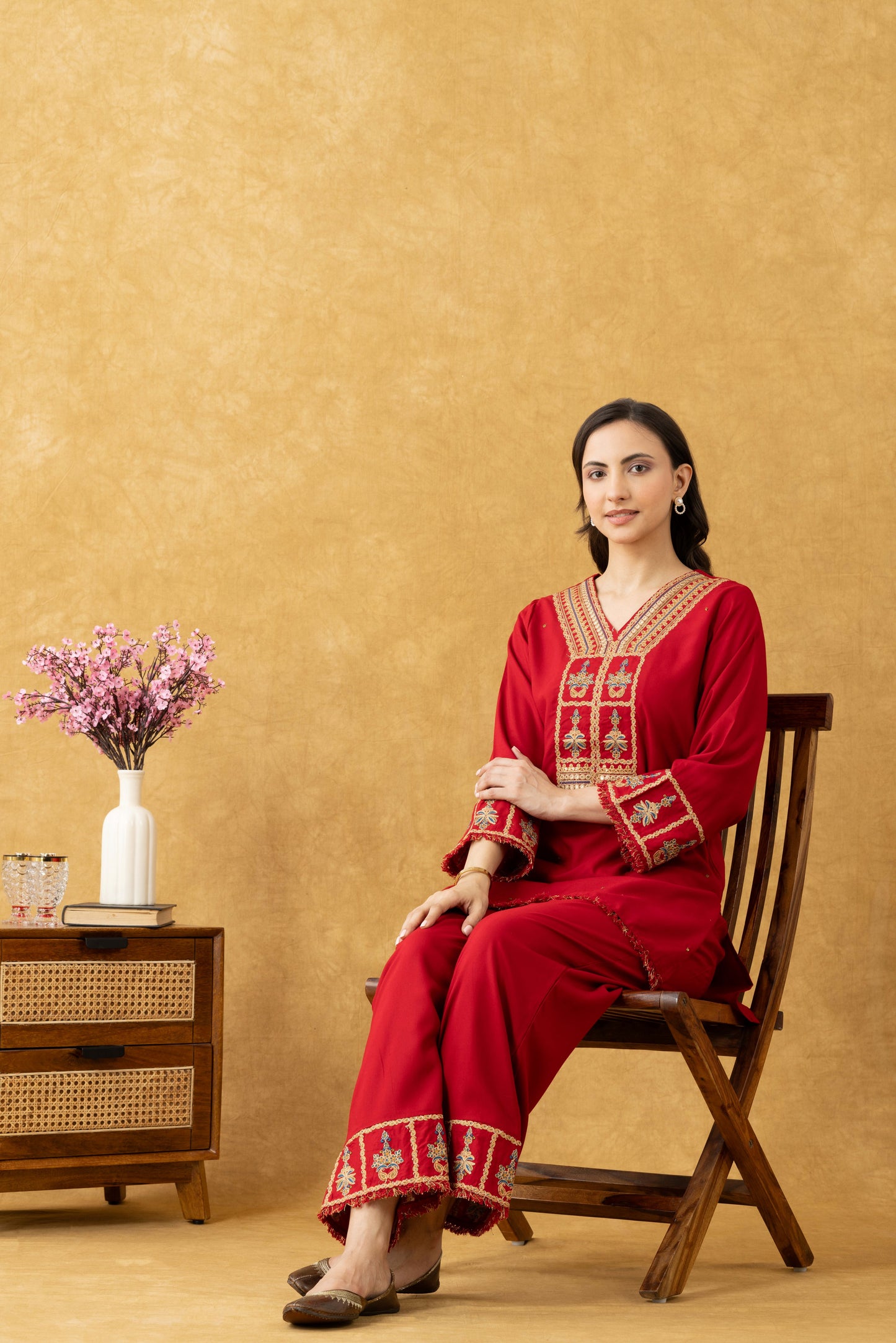 Red Embroidered Cotton Co-Ord Set