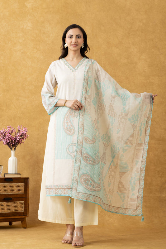 Ivory & Turquoise Cotton Suit Set