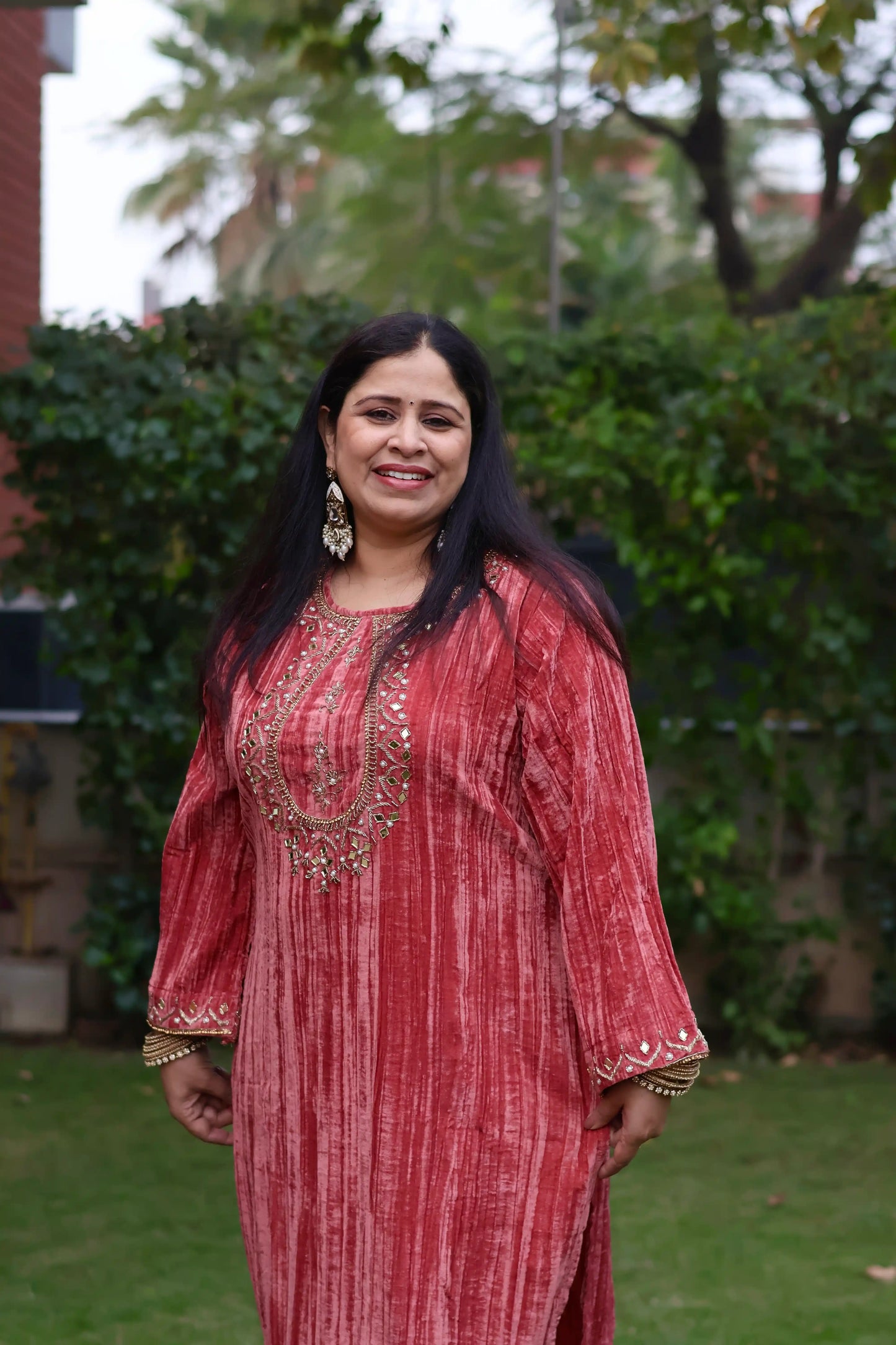 Coral Crush Velvet Kurta with Straight Pants Co-Ord Set