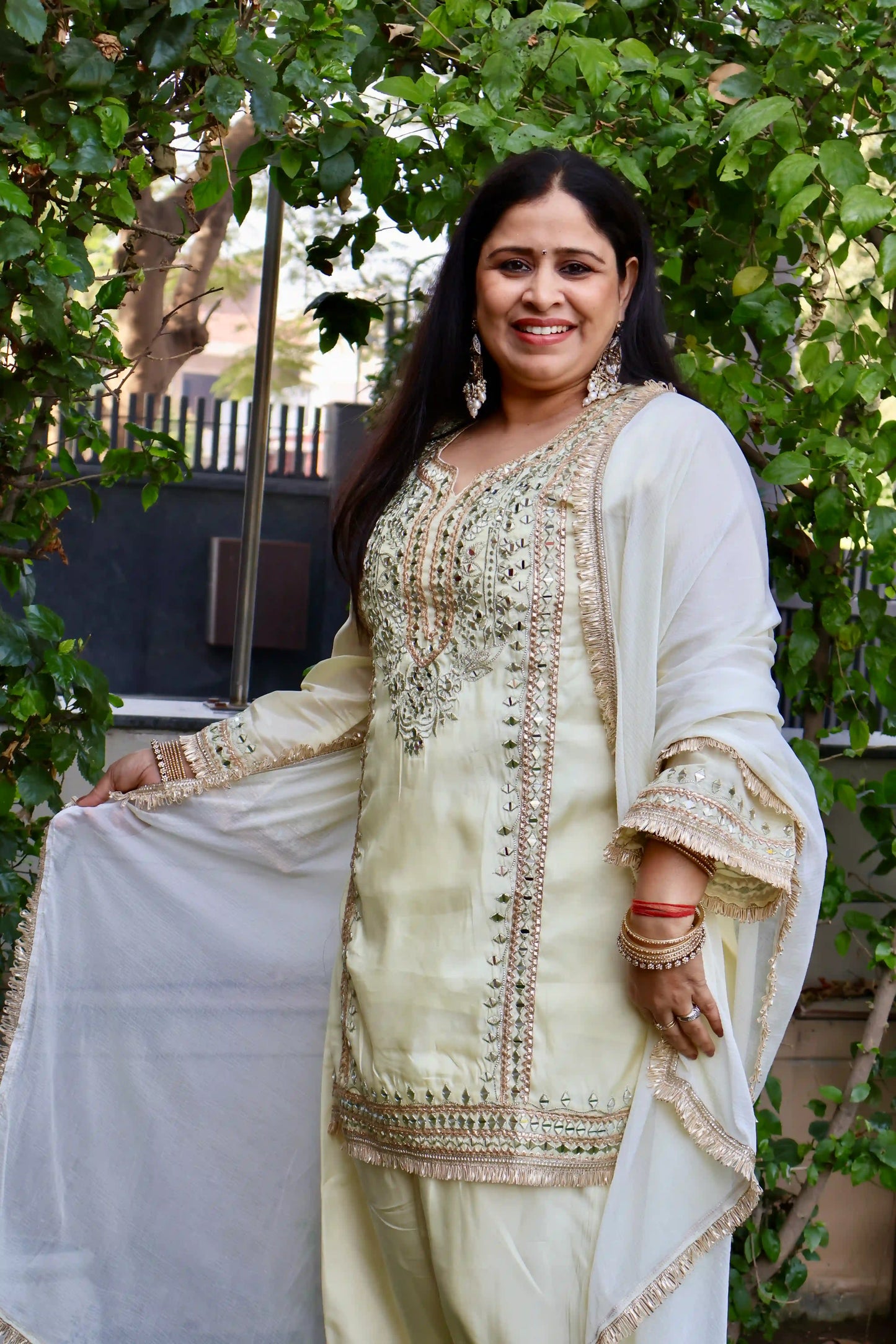 Zari Embellished Kurta Set with Farshi Salwar & Dupatta