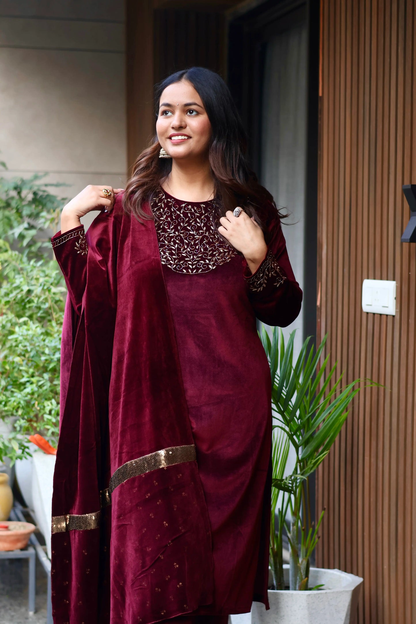 Burgundy Royale Embroidered Velvet Suit Set with Dupatta