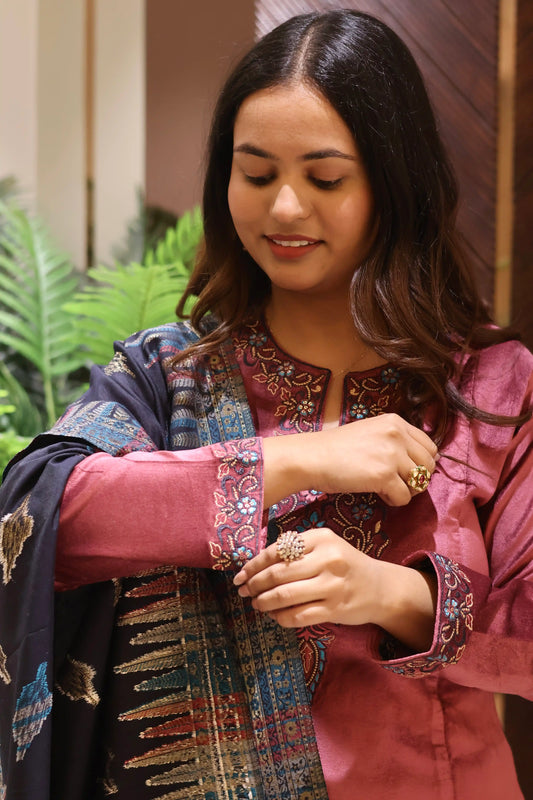 Pink Suede Velvet Suit Set with Banarasi Dupatta