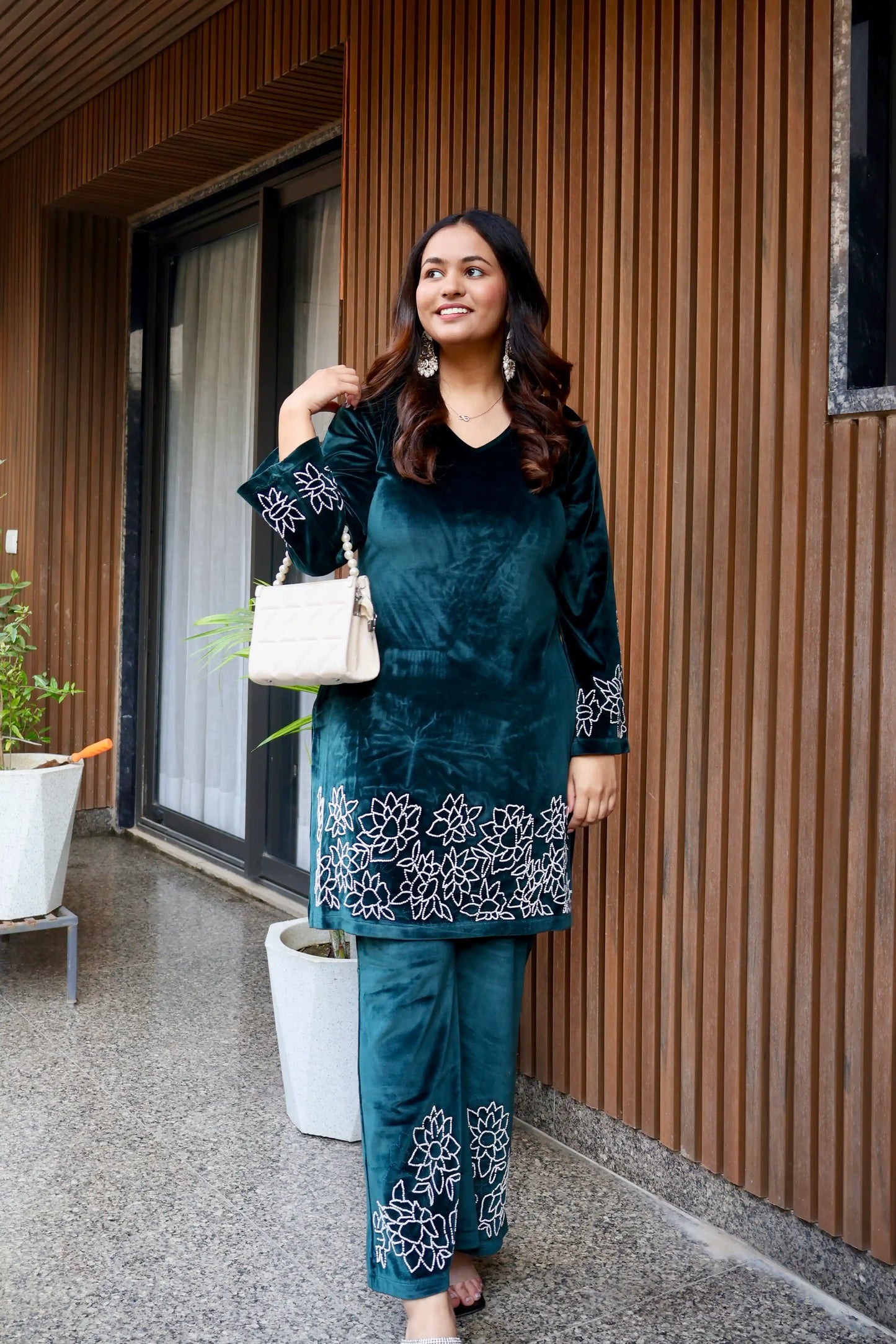 Teal Lotus Embroidered Velvet Co-Ord Set