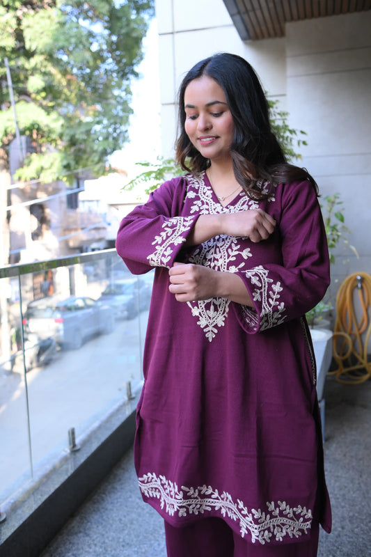 Cherry Embroidered Woolen Co-Ord Set