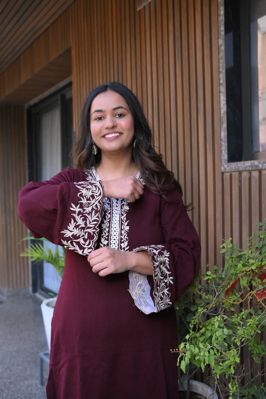 Wine Embroidered Woolen Co-Ord Set