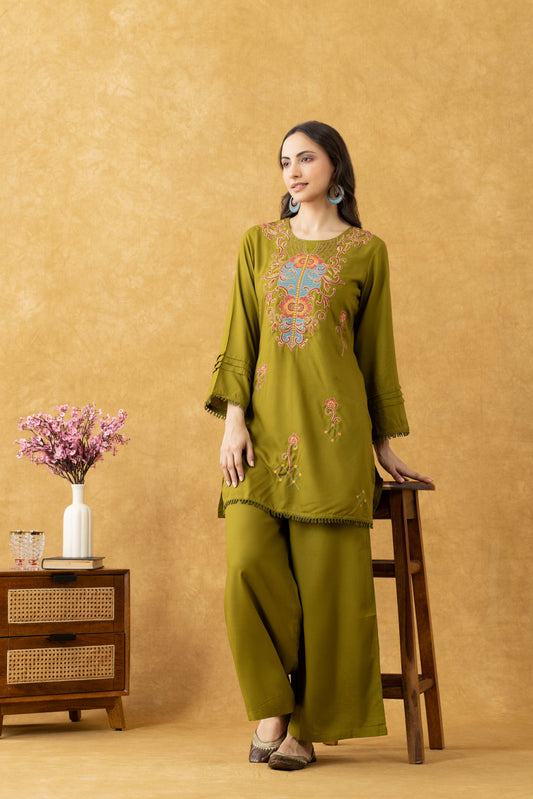 Olive Bloom Cotton Co-Ord Set