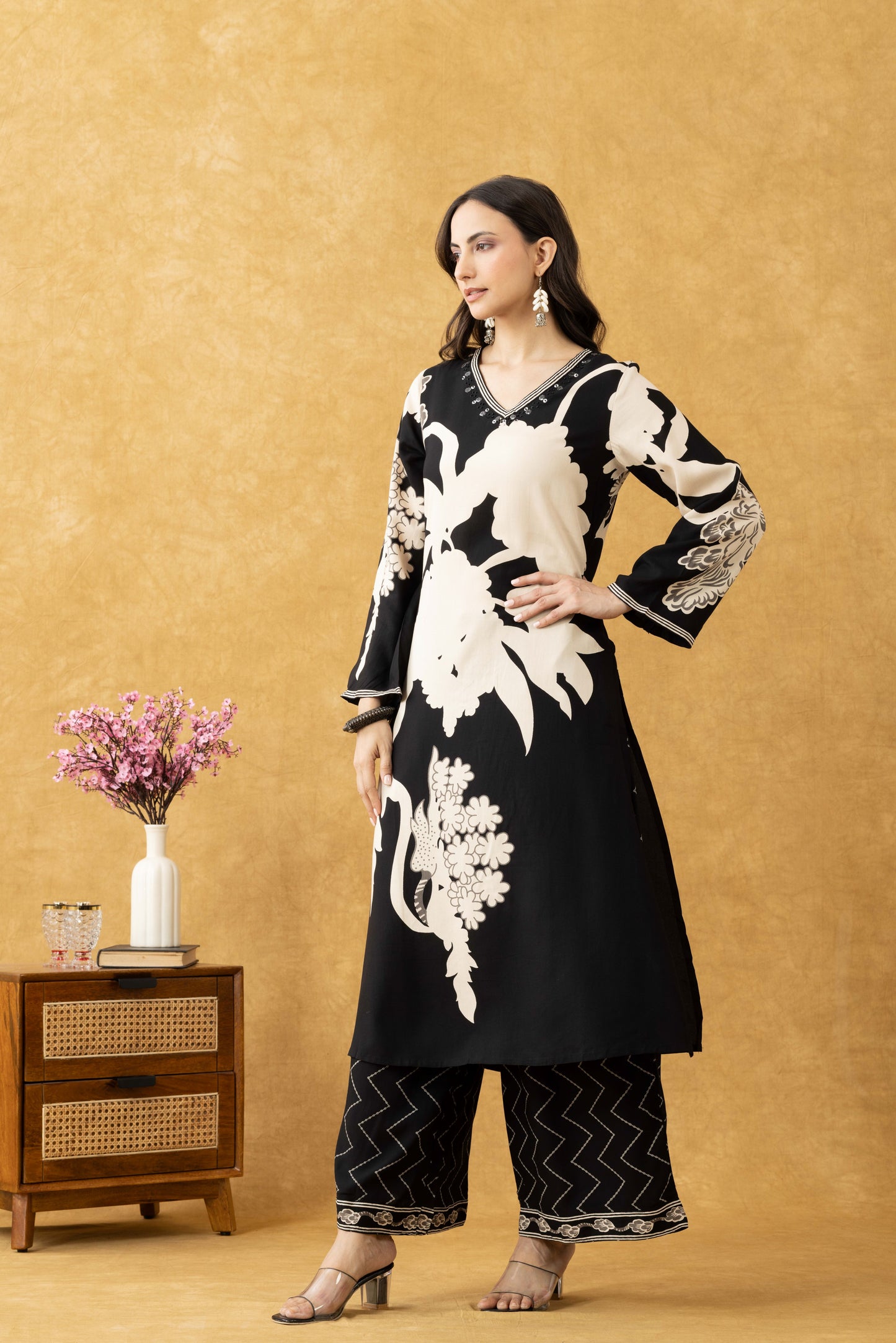 Midnight Bloom Cotton Kurta Set