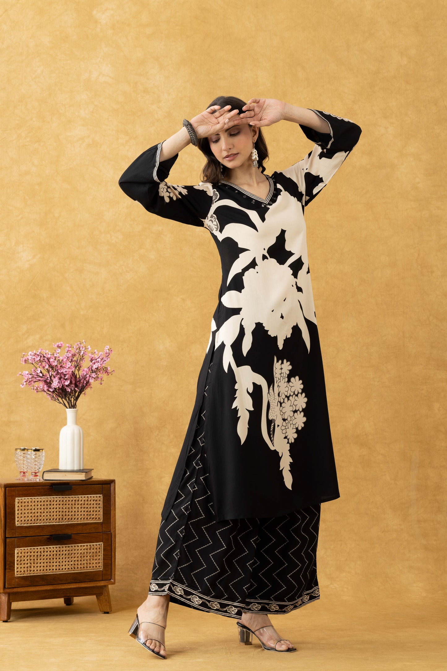 Midnight Bloom Cotton Kurta Set