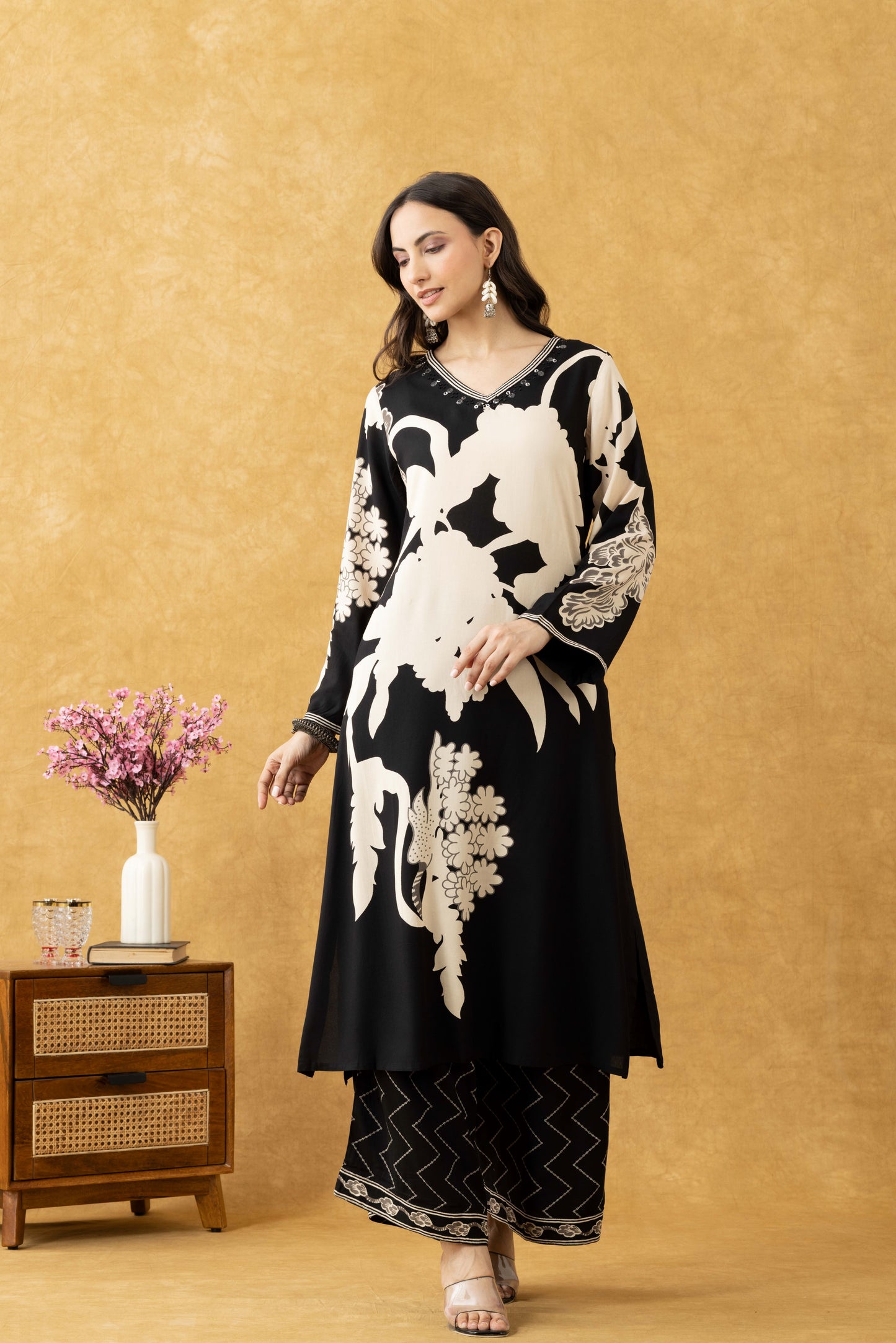 Midnight Bloom Cotton Kurta Set