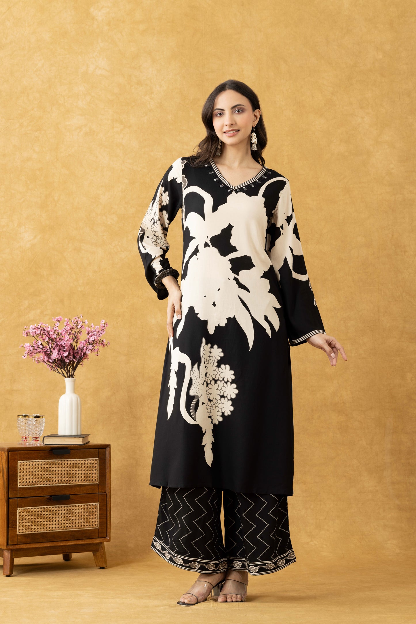 Midnight Bloom Cotton Kurta Set