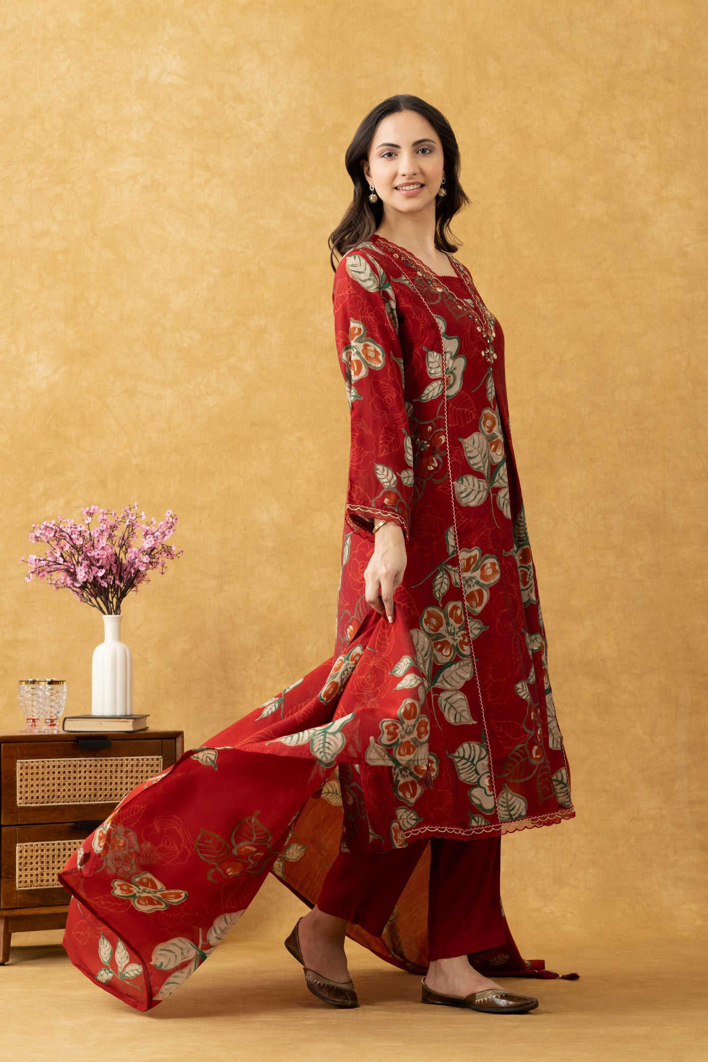 Crimson Bloom Cotton A-Line Kurta Set