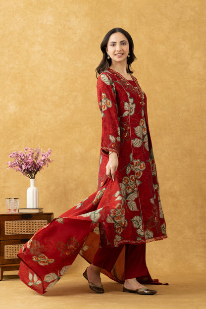 Crimson Bloom Cotton A-Line Kurta Set
