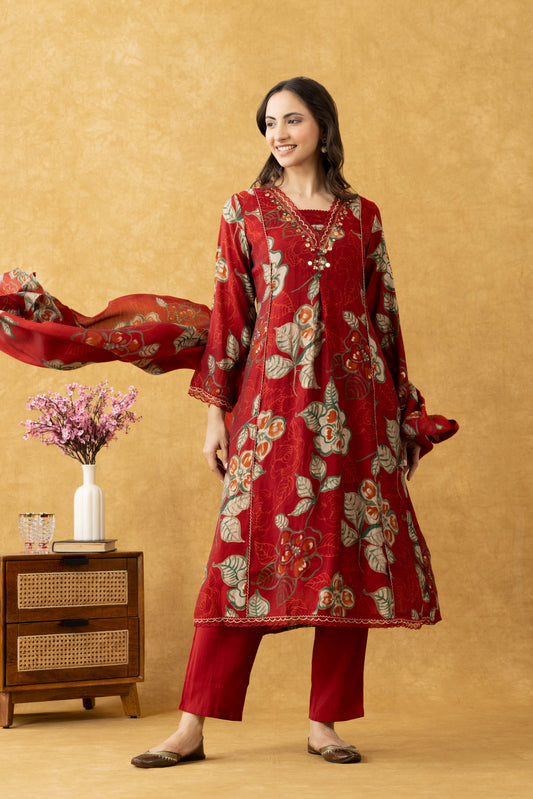 Crimson Bloom Cotton A-Line Kurta Set