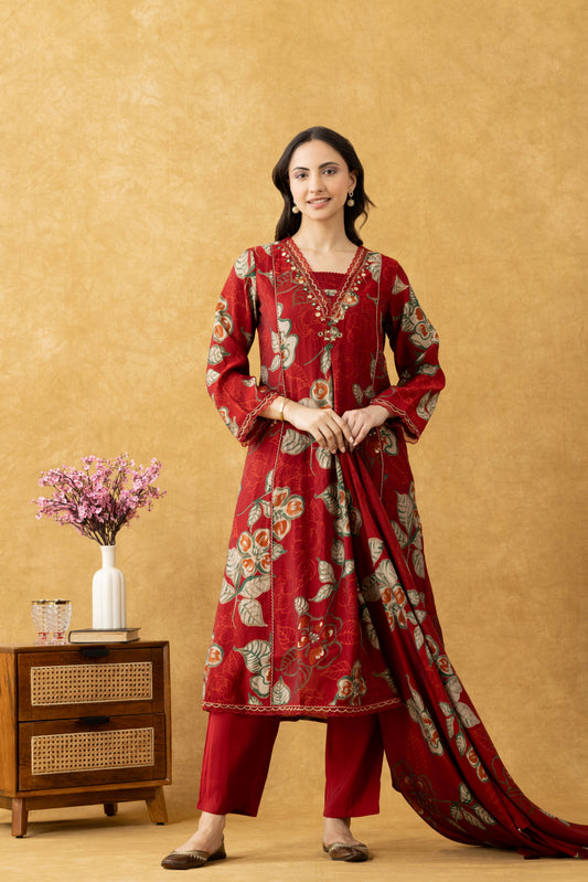 Crimson Bloom Cotton A-Line Kurta Set