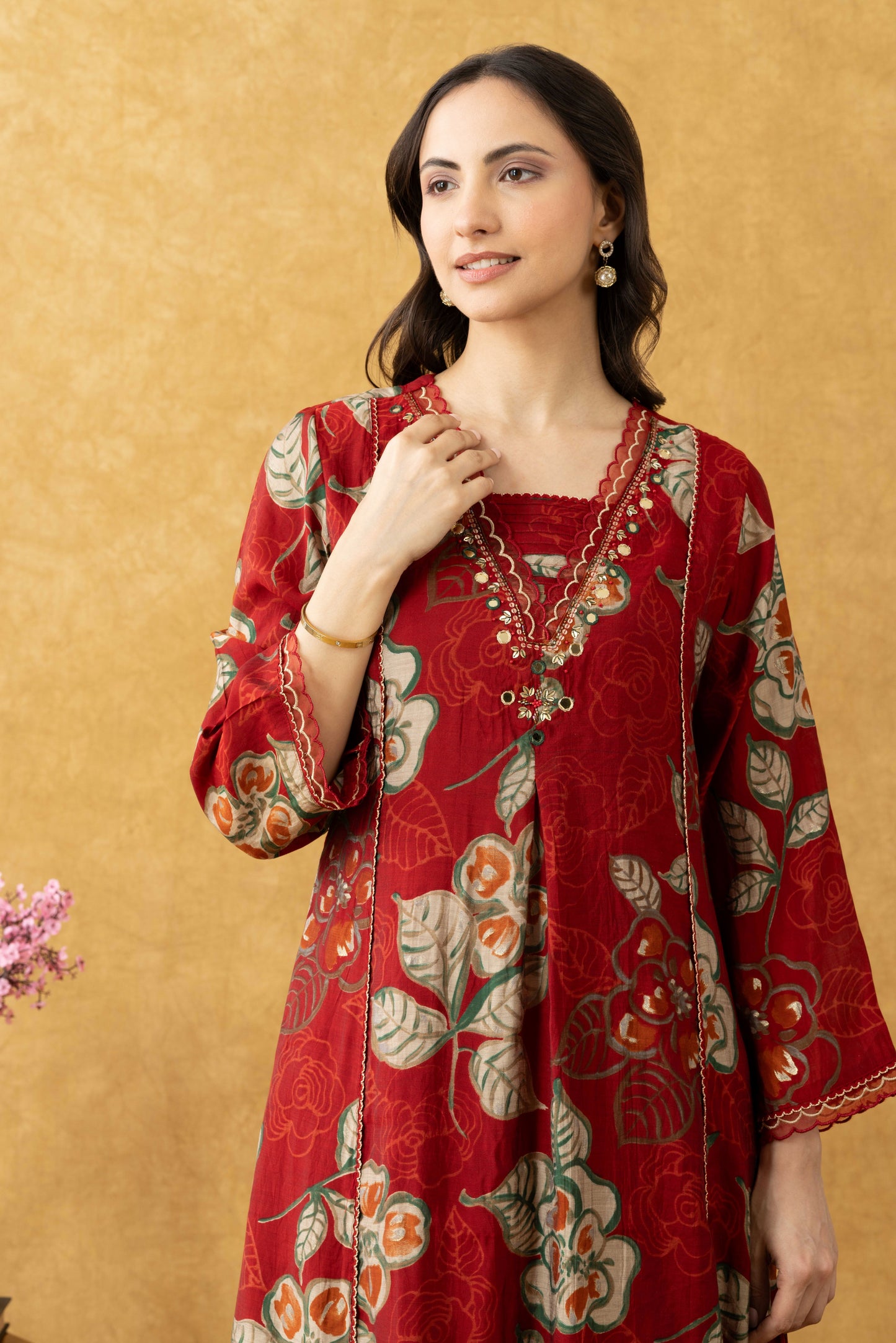 Crimson Bloom Cotton A-Line Kurta Set