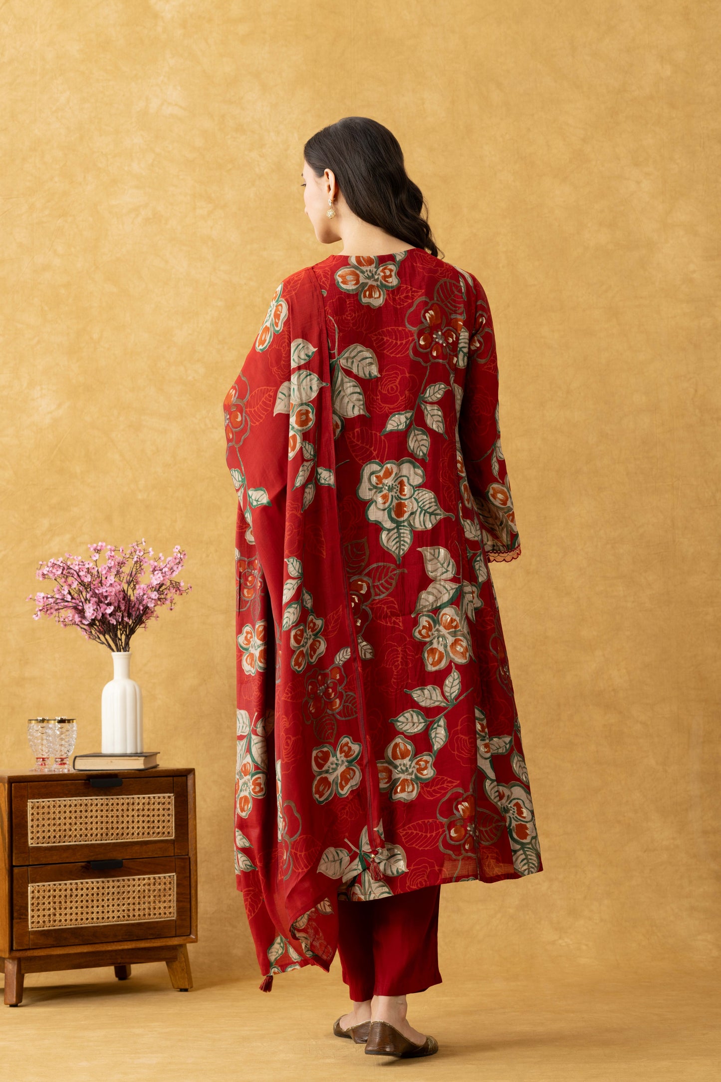 Crimson Bloom Cotton A-Line Kurta Set