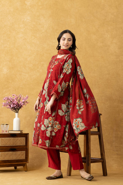 Crimson Bloom Cotton A-Line Kurta Set