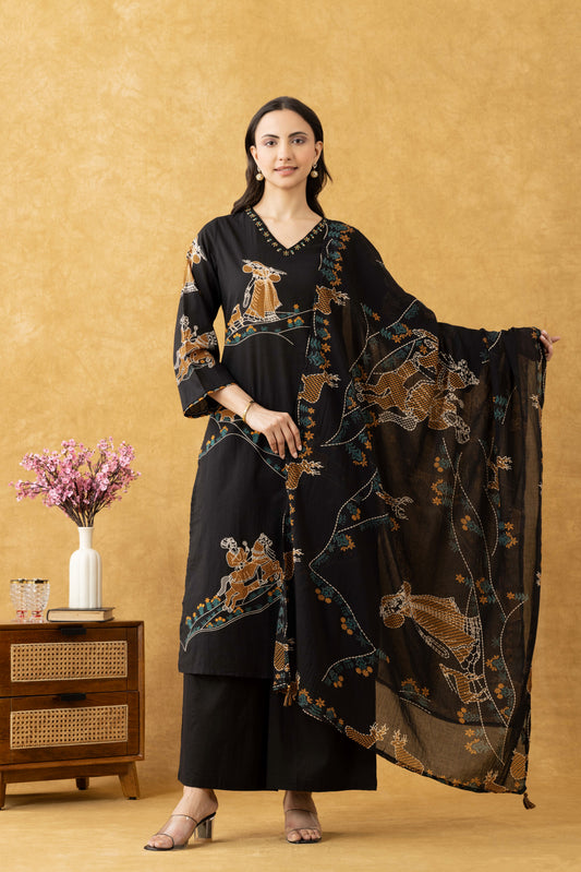 Midnight Folk Print Cotton Suit Set