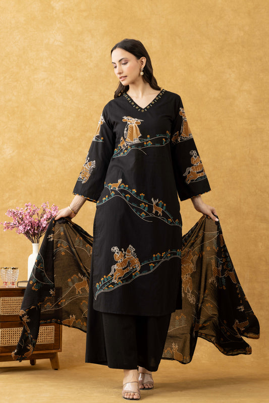 Midnight Folk Print Cotton Suit Set