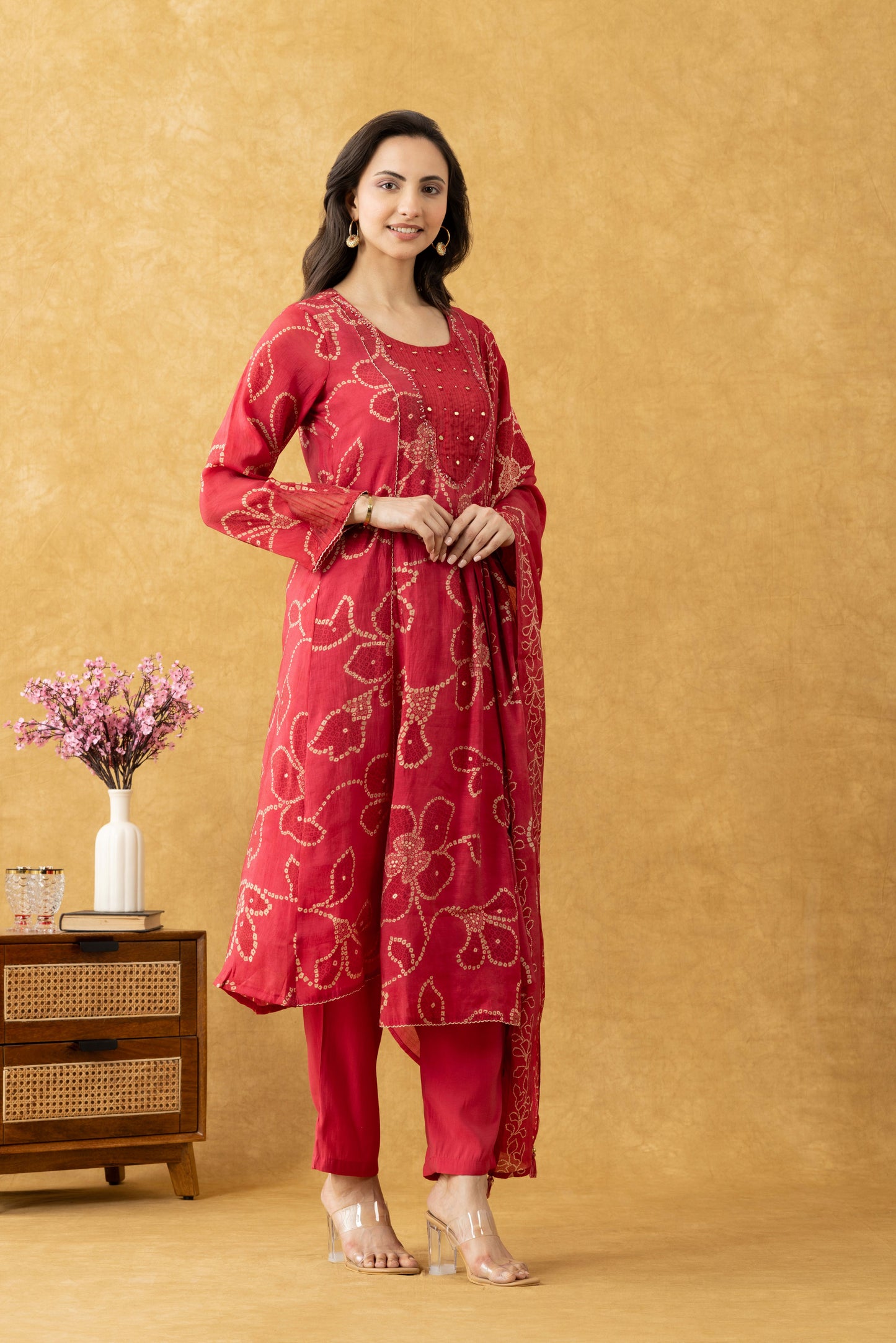 Coral Pink Cotton A-Line Suit Set