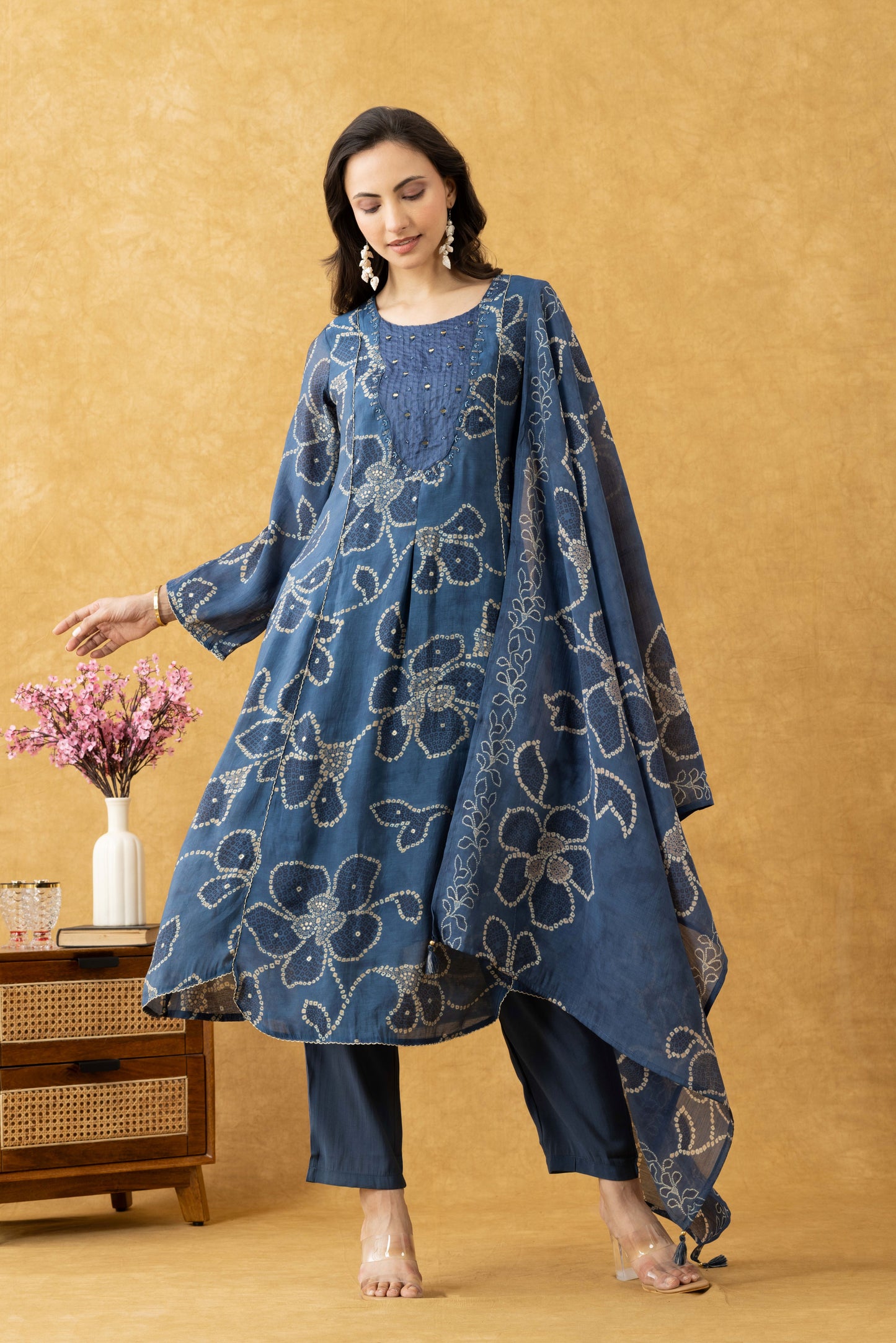 Indigo Floral Cotton A-Line Suit Set