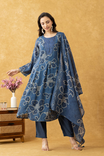 Indigo Floral Cotton A-Line Suit Set