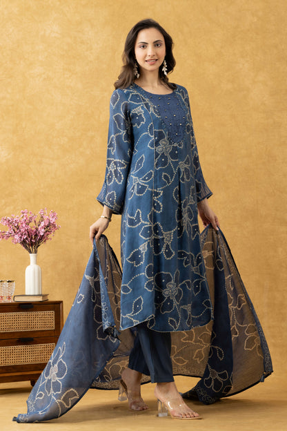 Indigo Floral Cotton A-Line Suit Set