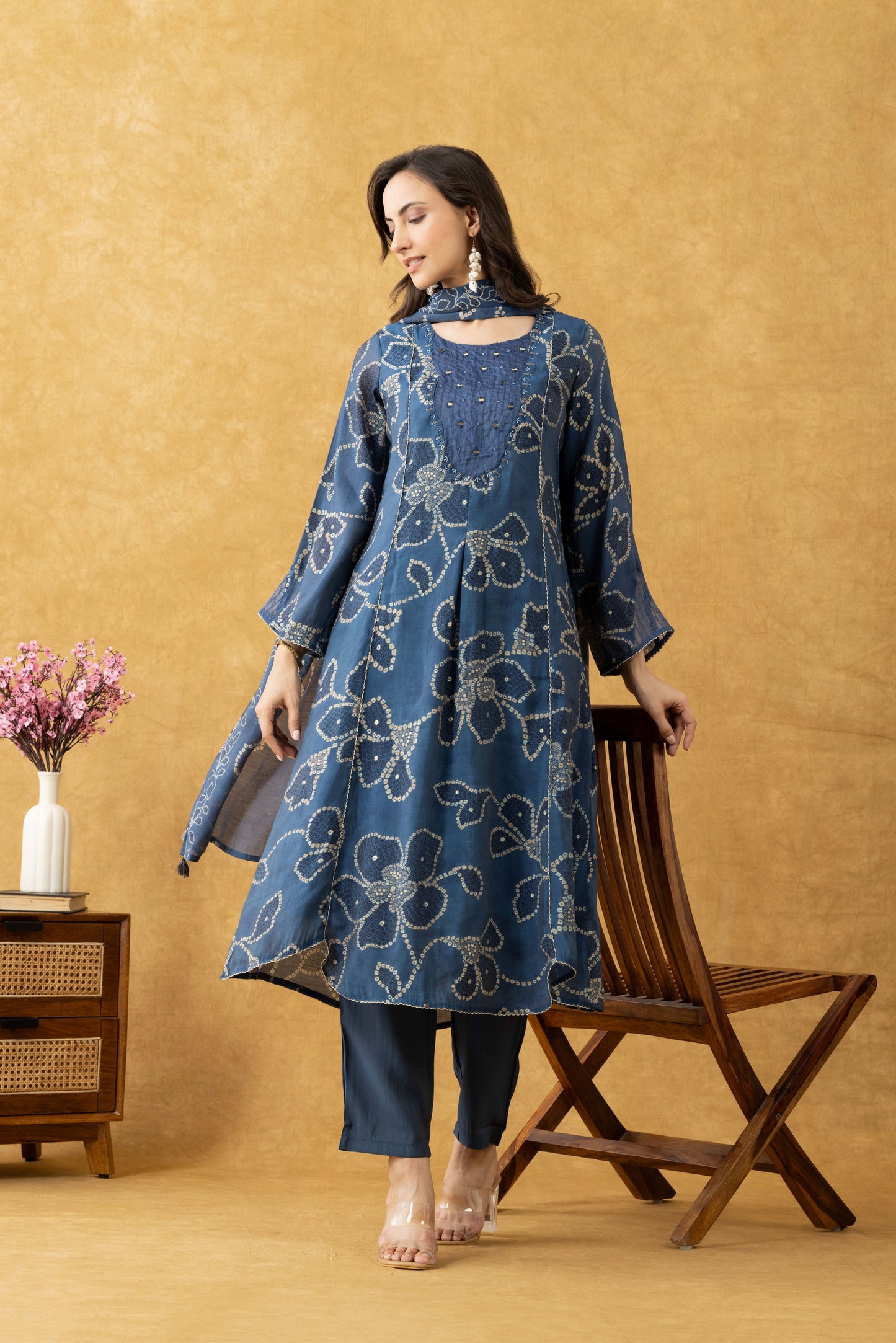 Indigo Floral Cotton A-Line Suit Set