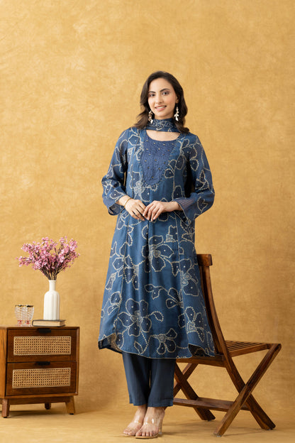 Indigo Floral Cotton A-Line Suit Set