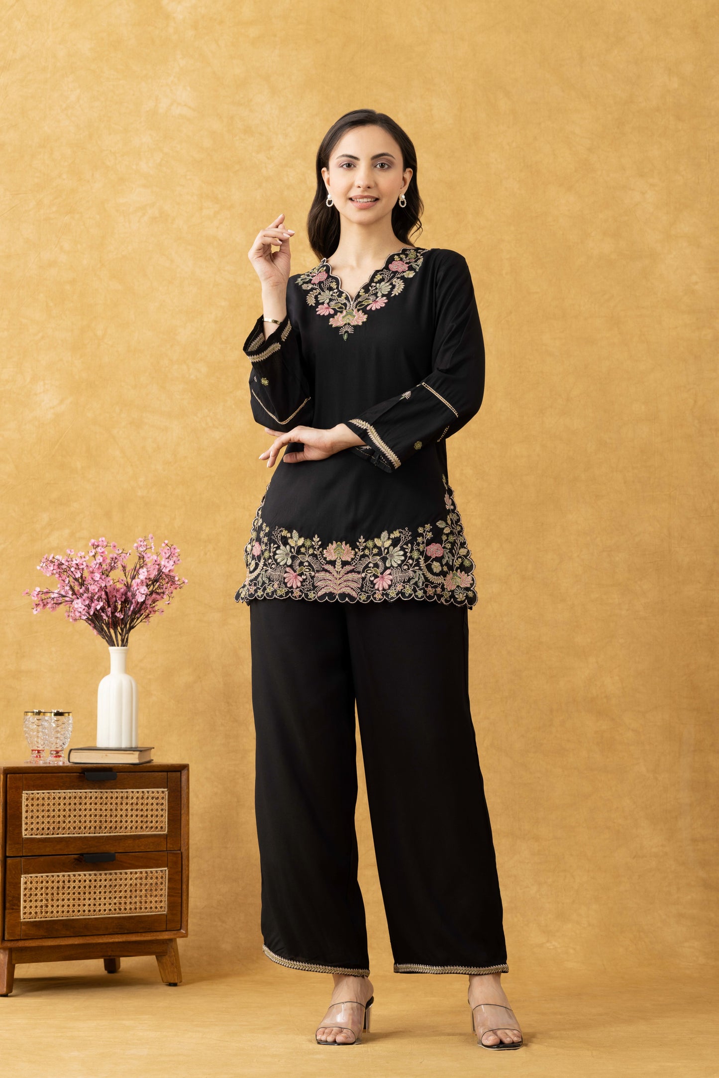 Black Embroidered Cotton Co-Ord Set