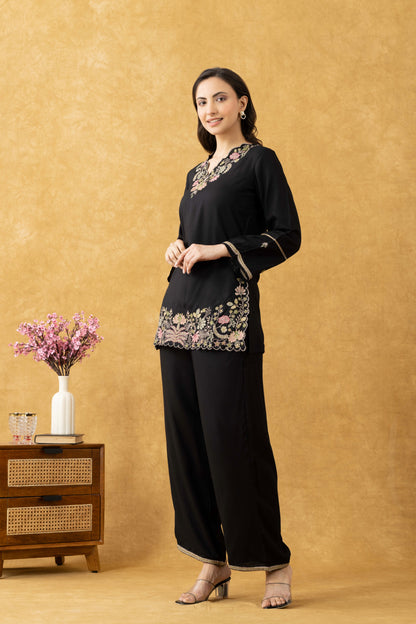 Black Embroidered Cotton Co-Ord Set