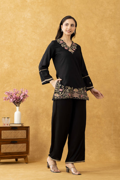 Black Embroidered Cotton Co-Ord Set