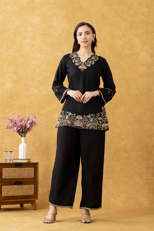 Black Embroidered Cotton Co-Ord Set