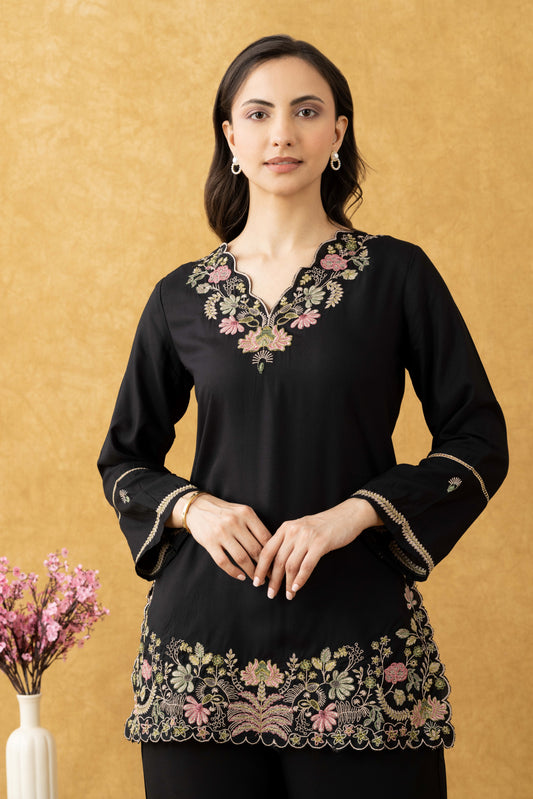 Black Embroidered Cotton Co-Ord Set