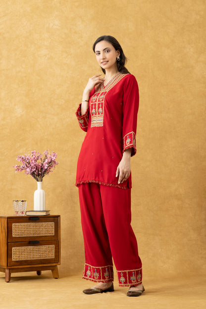 Red Embroidered Cotton Co-Ord Set