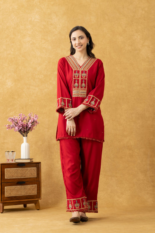 Red Embroidered Cotton Co-Ord Set
