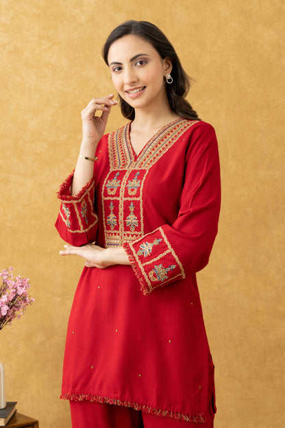 Red Embroidered Cotton Co-Ord Set