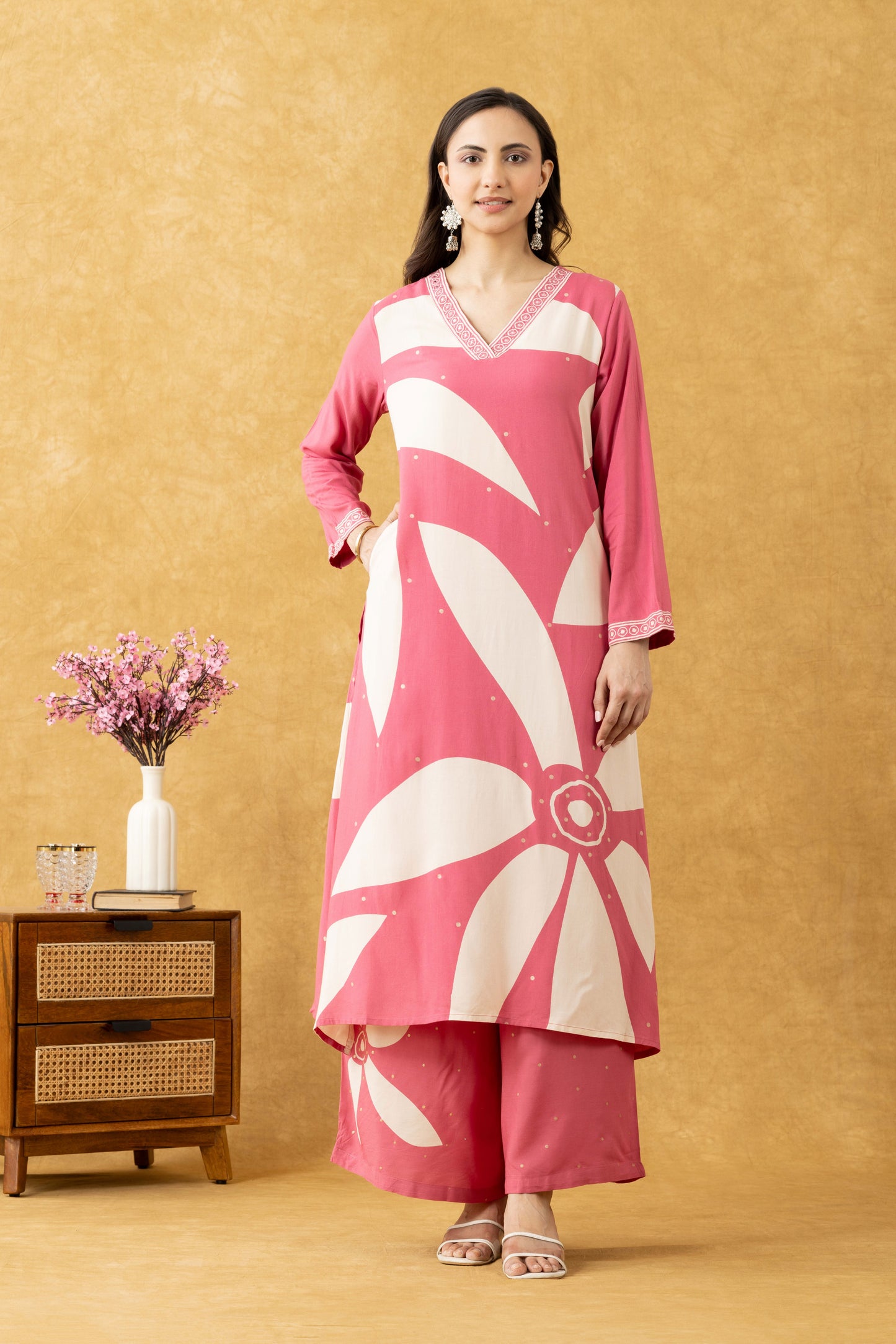Pink Floral Printed Cotton Kurta Set