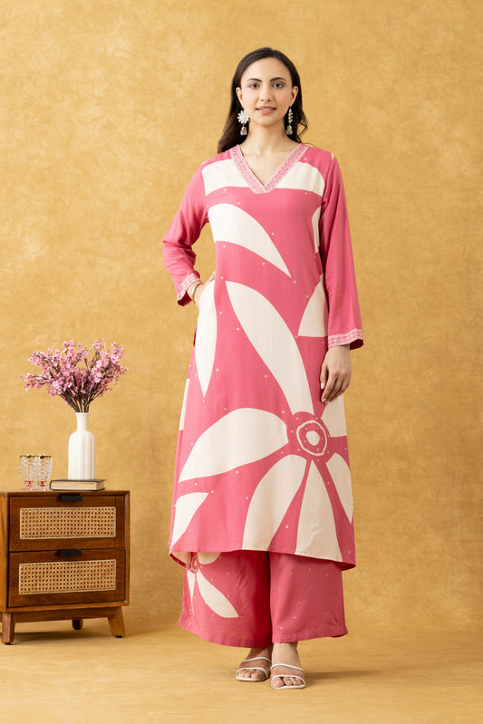 Pink Floral Printed Cotton Kurta Set