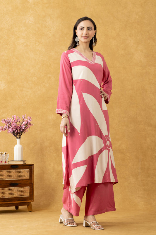 Pink Floral Printed Cotton Kurta Set