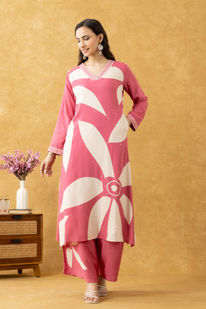 Pink Floral Printed Cotton Kurta Set