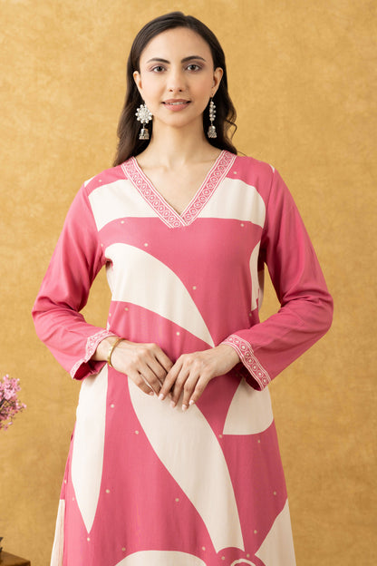 Pink Floral Printed Cotton Kurta Set