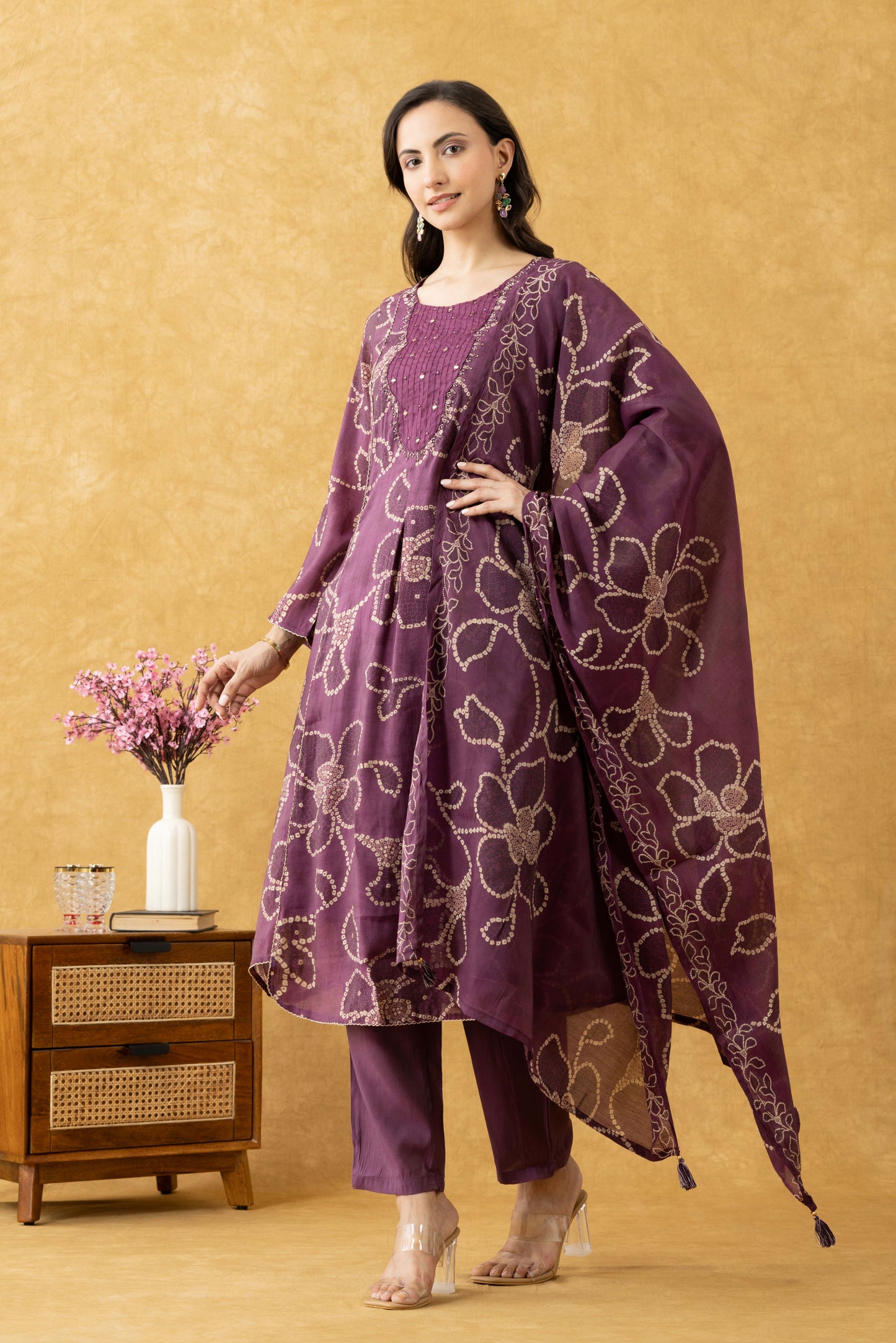 Plum Floral Printed Cotton A-Line Suit Set