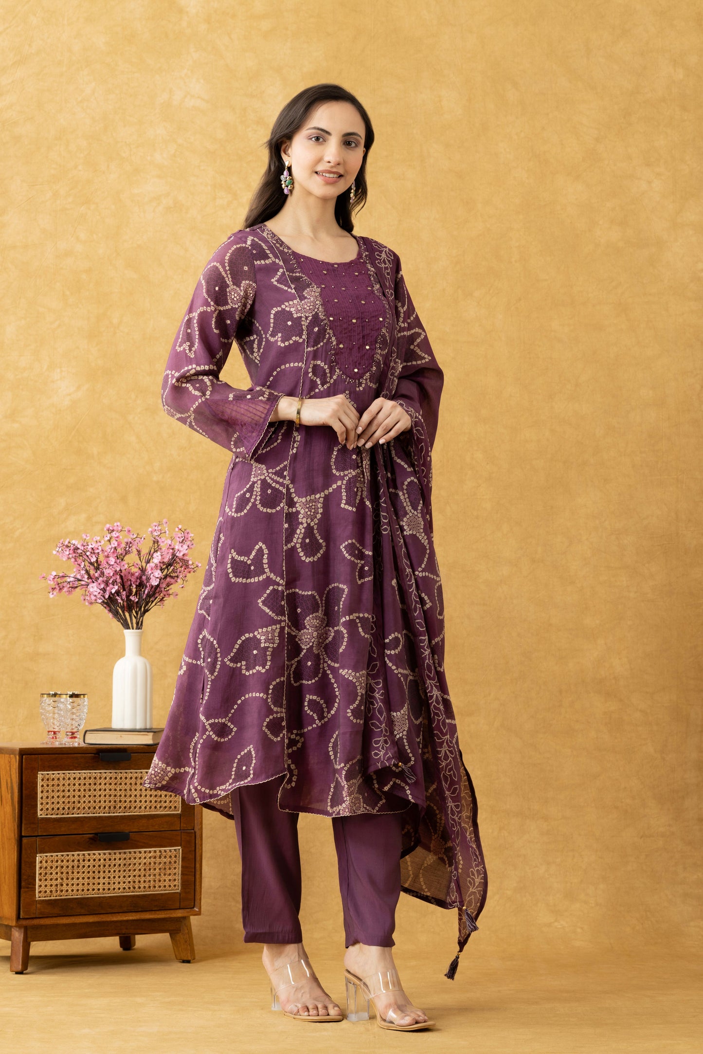 Plum Floral Printed Cotton A-Line Suit Set