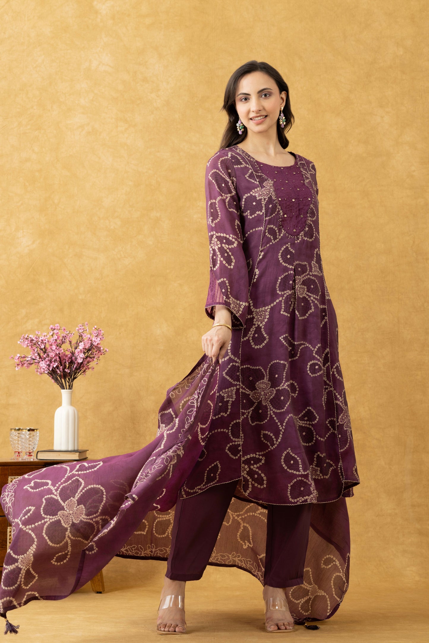 Plum Floral Printed Cotton A-Line Suit Set