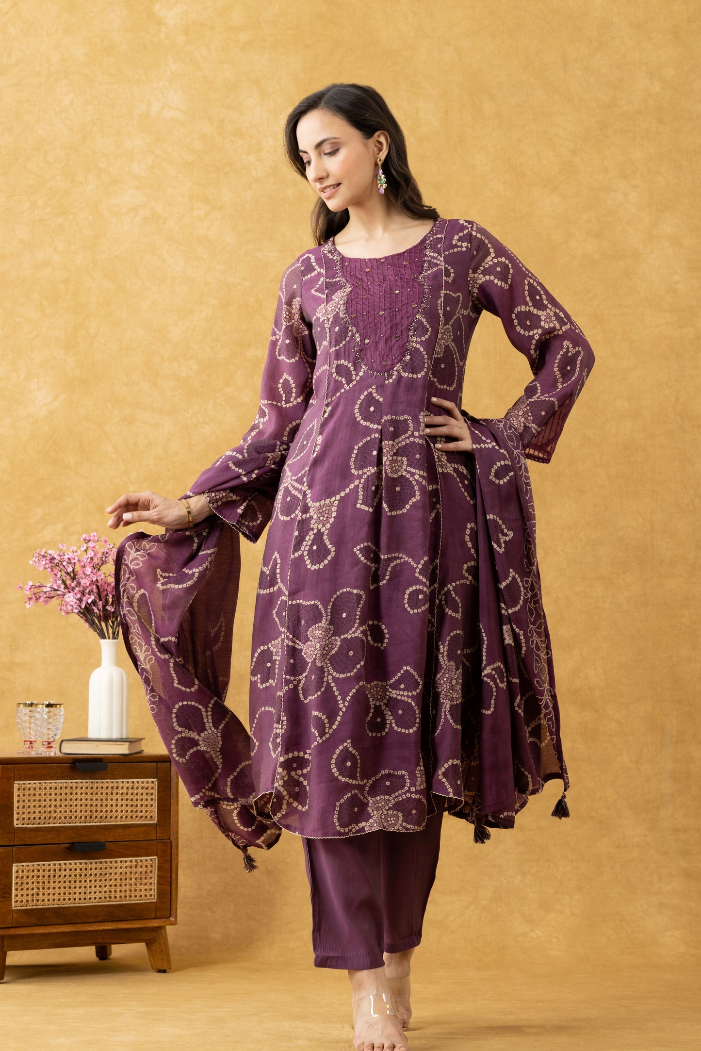 Plum Floral Printed Cotton A-Line Suit Set