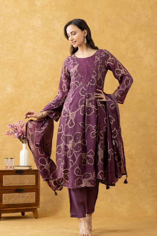 Plum Floral Printed Cotton A-Line Suit Set