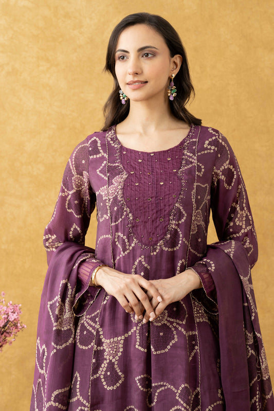 Plum Floral Printed Cotton A-Line Suit Set